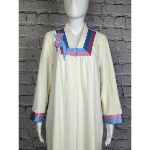 Vintage Vanity Fair Petites Womens Large 14 16 Ivory Housecoat Dress Floral Trim - Picture 5 of 11